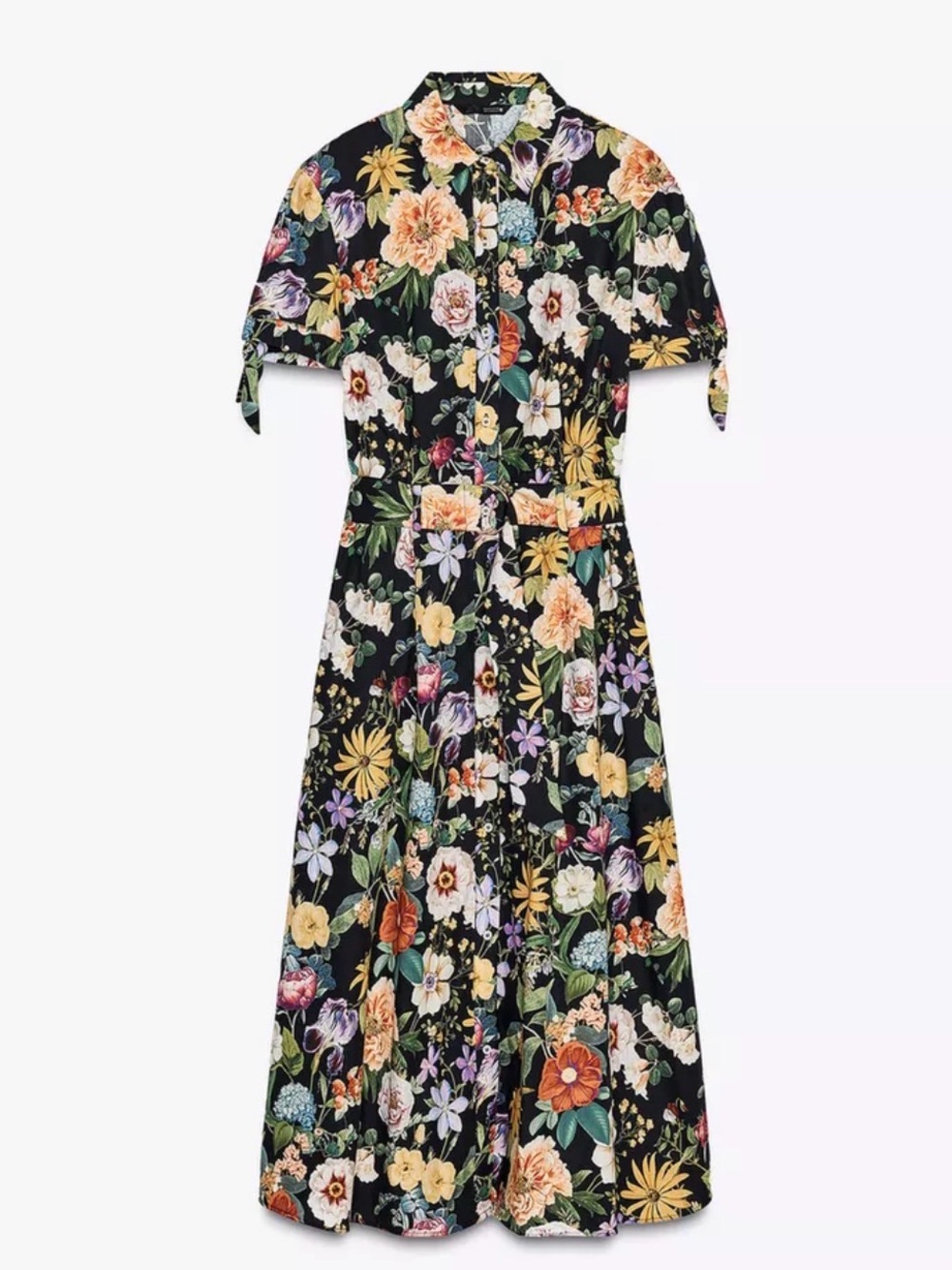 Zara Floral Button-Front Belted Midi Shirt Dress Medium